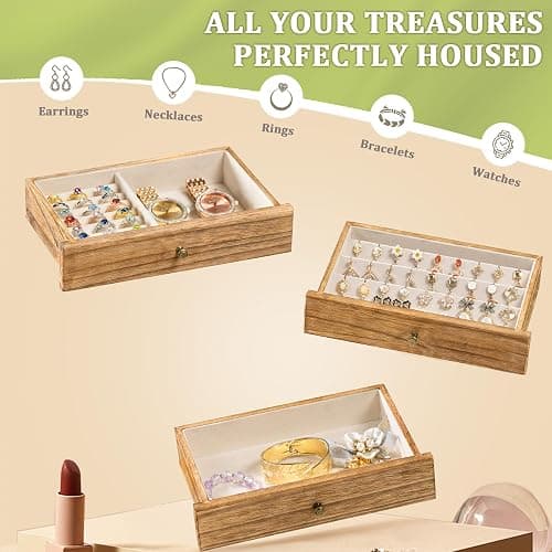 Jewelry Box Organizer, Wood Jewelry Box for Women, Jewelry Storage &Display | Large Jewelry Box for Necklaces, Rings & Bracelets, with a Clear Window to Display Earrings thumbnail 6