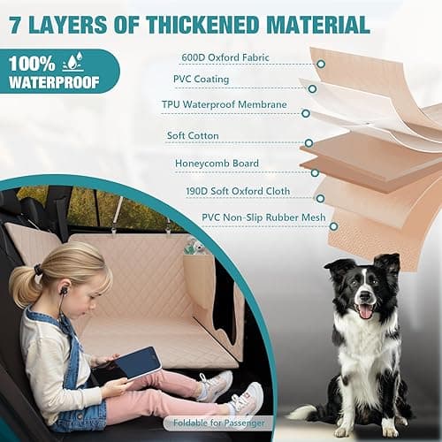 Bark Lover Waterproof Dog Car Seat Cover for Back Seat – Heavy Duty Back Seat Extender for Dogs with Hard Bottom, 7-Layer Protection, Non-Slip & Scratchproof, Easy to Install (Beige) - Beige thumbnail 4