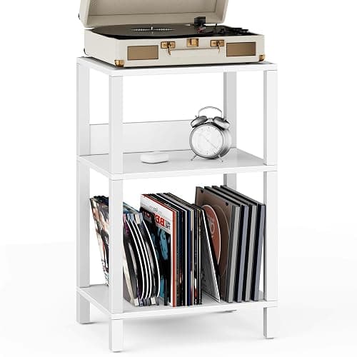 TUTOTAK Record Player Stand with Storage Up to 100 Albums,Record Storage Table,3 Tier End Table,Side Table for Living Room, Bedroom, White TB01BW075 - Image 1