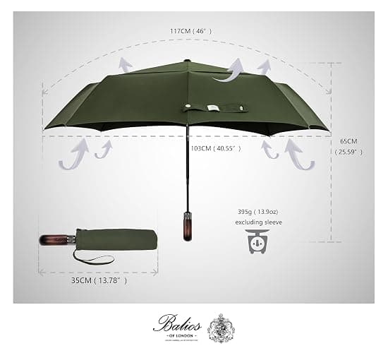 Balios Travel Folding Umbrella with Real Wood Handle Auto Open Close Vented Windproof Canopy - Designed in UK thumbnail 4