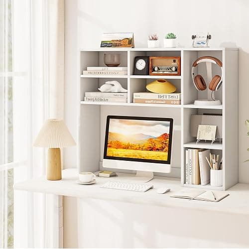Tangkula Desktop Bookshelf, 37" Countertop Storage Hutch with 7 Cubes & 3 Adjustable Shelves, 3-Tier Desk Display Rack Organizer, Multipurpose Wood Desktop Hutch for Dorm Home Office (White) - 7 Shelves - White thumbnail 2