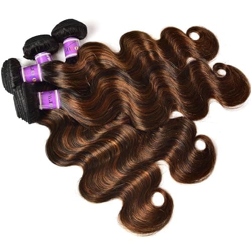 UNICE Brown Highlight Body Wave Human Hair Weave 3 Bundles 18 20 20 inches, Brazilian Remy Hair Ombre Blonde Human Hair Wavy Weaves Sew in FB30 Piano Color thumbnail 5