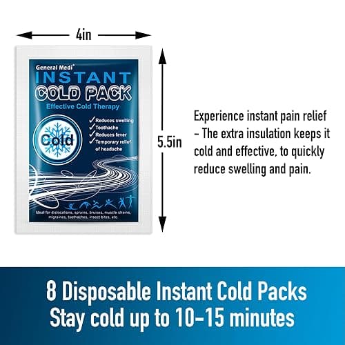 General Medi 4”x5.5” Instant Disposable Cold Ice Packs 8 Count, Cold Therapy for Pain Relief Swelling Sprains Toothache, Athletes Outdoor Emergency First Aid thumbnail 2