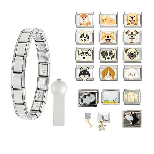 Jwicklirrng 12pcs Italian Charm Bracelet Sets 9mm Italian Charms with Starter Brascelet Assorted Charms And Opening Tools Removable Module Charm Links Handmade DIY Charms for Women Men - dog lover set - Image 1