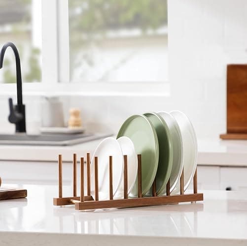 HBlife 2pcs Acacia Wooden Dish Dying Rack Pot Lid Plate Organizer Holder for Cabinet, Cutting Board Stand Drainer Storage Plate Rack for Dish, Pot Lid, Bowl, Cup, Cutting Board and Books thumbnail 8