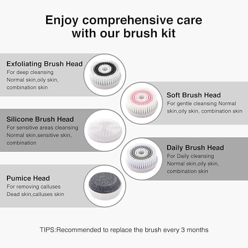 UMICKOO Face Scrubber Exfoliator, Rechargeable Facial Cleansing Brush with 2-Way Rotation & 3 Modes, 30-Day Runtime, 5 Brush Heads for SPA-Level Care, IPX7 Waterproof, Deep Cleaning for All Skin Types thumbnail 6
