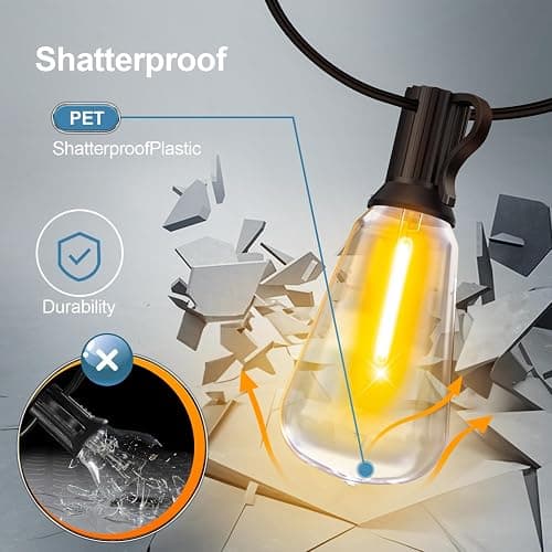 Outdoor Lights String Patio Outside - 100ft 30M LED Waterproof Light ST38 | Dimmable, Shatterproof, Hanging Lighting Edison Bulb Deck Backyard Gazebo Balcony Party Bistro Cafe Pergola Garden Yard Porch thumbnail 6