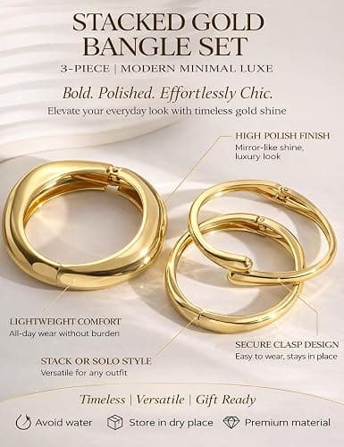 Chunky Gold Bangle Bracelets for Women, Dainty 14k Gold Plated Big Stackable Bangles Set, Trendy Statement Cuff Bracelet Stack Fashion Jewelry Gifts thumbnail 8