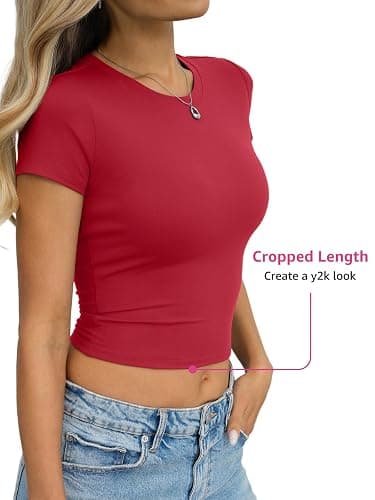 Eachyes Womens Short Sleeve Crop Tops Slim Fitted Crewneck Baby Tee | Buttery-soft & High-stretch Fabric, Summer Basic T Shirts, Y2k Casual, Going Out&Daily Wear, Layer or Wearing Alone, Workout thumbnail 4
