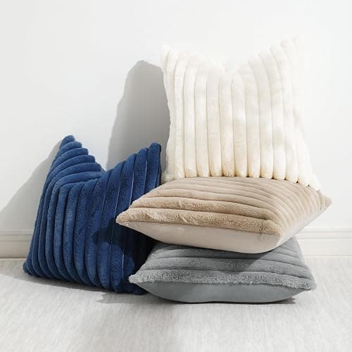 decorUhome Faux Fur Christmas Throw Pillow Covers 18x18 Set of 2, Decorative Soft Plush Striped Neutral Couch Euro Pillow Covers with Velvet Back for Sofa, Bed, Living Room Home Decor, Blue thumbnail 5