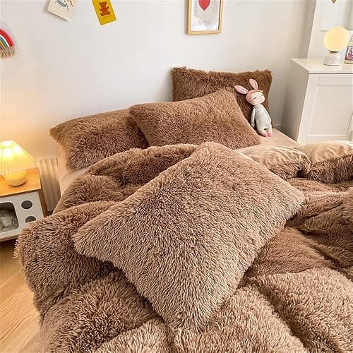 chovy Faux Fur Plush Coffee Comforter Sets Queen - Ultra Soft Shaggy Flannel Velvet Fluffy Fuzzy 3PC Bedding Set （Comforter x 1 Pillowcases x 2） thumbnail 6