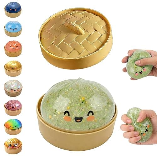 Glitter Dumpling Squishy,Dumpling Squishies,Glitter Dumpling Mystery Box,Colorful Dumpling Stress Balls Fidget,Jumbo Squishy Toy with Steamer Box,Soft Squeeze Decompression Dough (Glitter Green) - Image 1