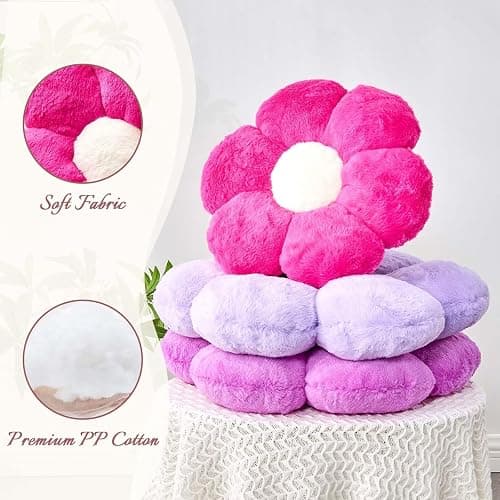 Kcvvcr Hot Pink Flower Pillow, Cute Decorative Flower Shaped Throw Pillow with Faux Rabbit Fur, 14.9" Soft Flower Plush Throw Pillow Floor Pillows Room Décor for Bedroom Living Room thumbnail 5