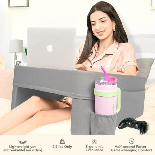 septsun Reading Pillow for Gaming,Soft Lap Desk Pillow for Laptop,Ultimate Lap Pillow with Cup Holder Pocket,Comfort Laptop Lap Desk for Bed Couch Car (Gray, Large) thumbnail 4