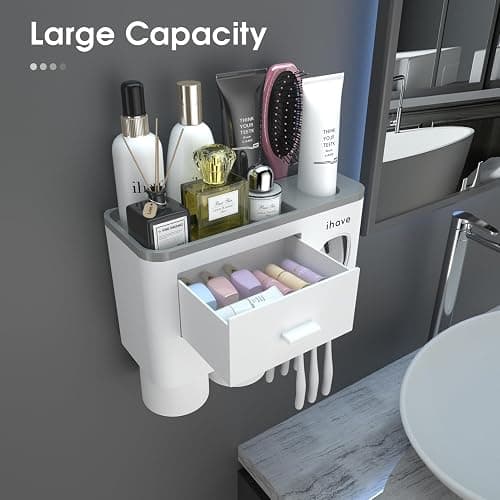 iHave Toothbrush Holders for Bathrooms, 2 Cups Toothbrush Holder Wall Mounted with Toothpaste Dispenser - Large Capacity Tray, Cosmetic Drawer - Bathroom Decor & Bathroom Accessories - 2 cup - White thumbnail 2