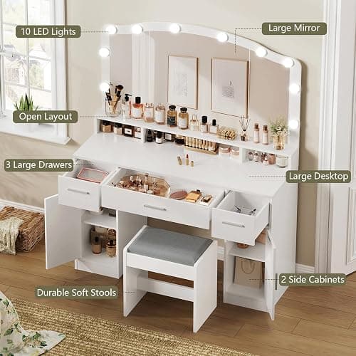 usikey Large Vanity with Mirror and Light, Dressing Table Set with 3 Drawers, 2 Cabinets and 10 LED Bulbs Dresser with Stool for Women,Bedroom,Bathroom, White thumbnail 5