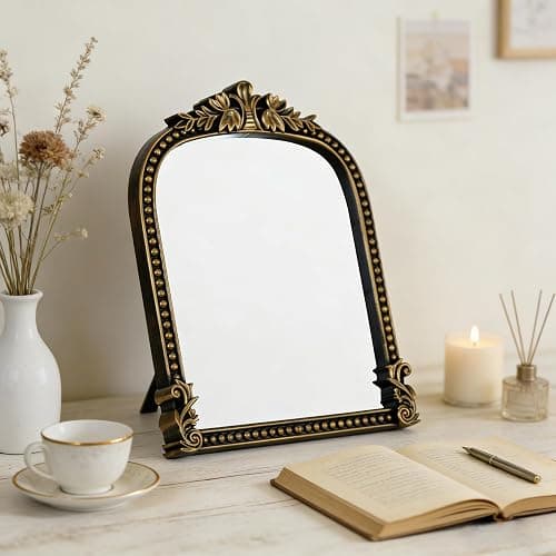 LuHeToz Vintage Gold Plastic Arched Makeup Mirror, Standing, Hanging or Wall Mount, Bathroom, Living Room, Bedroom Decorative Mirror (Bronze-10.6x8.6 inch) thumbnail 2