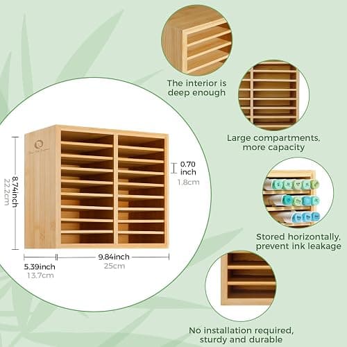 Ohuhu Bamboo Marker Organizer, Wooden Desktop Storage Hold 126 Markers, Pens, Pencils, Art Brushes Stationary Organizer Pencil Holder with 18 Compartments for Home, Classroom, Office Decor thumbnail 3