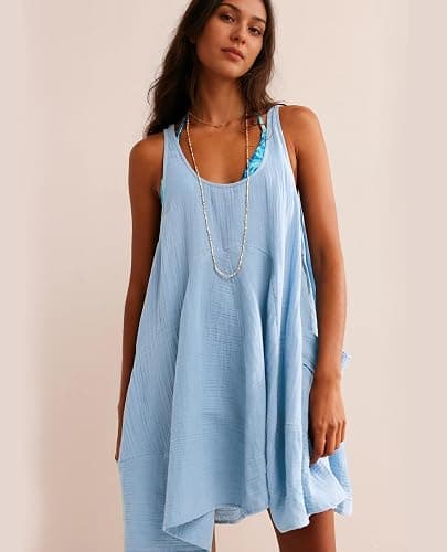 Yioaga Women Casual Summer Dresses Sleeveless Crew Neck Backless Tunic Mini Dress Loose Flowy Tank Sundress with Pockets thumbnail 3