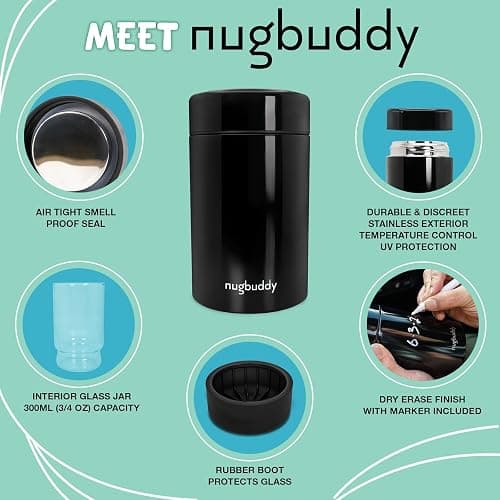 nugbuddy Airtight Storage Container - Vacuum Sealed Insulated w Nested Glass Jar - UV Protection, Temperature Controlled Stainless - Whiteboard Finish w Marker Included - 300 ml (3/4 Oz) thumbnail 5