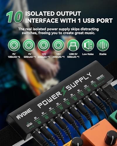 RVONE Guitar Pedal Power Supply, 10 Isolated DC Output for 9V/12V/18V Effect Pedal, Circuit Protection, Noise Reduction, 100mA 500mA USB Pedalboard Power Supply thumbnail 2