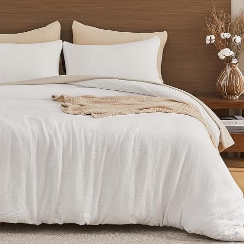 EMME Muslin Cotton Duvet Cover Set Cream White Queen Size Linen Like Soft Breathable Lightweight Summer Comforter Cover Set with Zipper Closure (Cream White, Queen, 90"x90") - Image 1