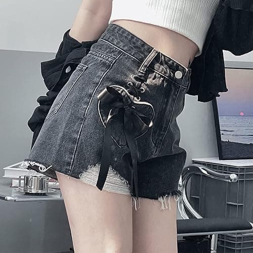 RILGOU Women Y2K Harajuku Style Kawaii Pastel Goth Fashion Casual A-Line Vintage Ribbon Ripped Trim Jeans Shorts thumbnail 2