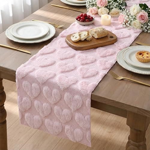 Artoid Mode Pink Soft Plush Faux Fur Jacquard Love Heart Valentine's Table Runner, Kitchen Dining Table Decoration for Home Party Decor 13x72 Inch thumbnail 4