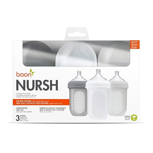 Boon Nursh Reusable Silicone Pouch Baby Bottles - Medium Flow Nipple - Silicone Baby Bottle Pouch and Nipple - Baby Feeding Essentials - Gray - 3-6 Months - 3 Count - 8 Ounce thumbnail 9