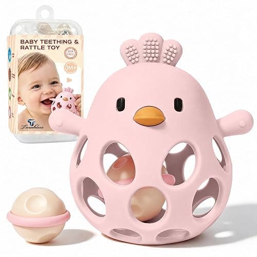 Tinabless Baby Teether Rattle Toys, 2-in-1 Easy Grip Silicone Teething for Babies 3-12 Months, BPA-Free Sensory Chew Toy for Sore Gums, Infant Gift (Pink w/Rattle) - Image 1