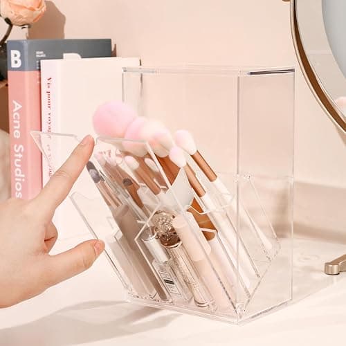 LOHRYVIO Acrylic Makeup Brush Holder with Slanted Flip-Top Lid - Clear Dustproof Cosmetic Make up Brush Organizer and Storage Box - Large Capacity 17-Slots Container for Vanity Brushes (Transparent) thumbnail 6