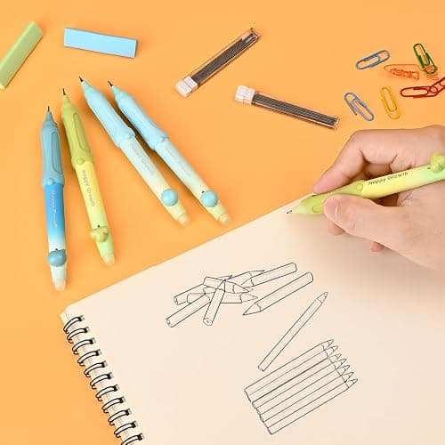 Temiary Cute Mechanical Pencil Set with Case, 6 Pcs Medium Point 0.9 mm Pencils with 2 Tubes HB Lead Refills, 4 Pcs Erasers for School Supplies Student Writing, Drafting Sketching (Morandi) thumbnail 2
