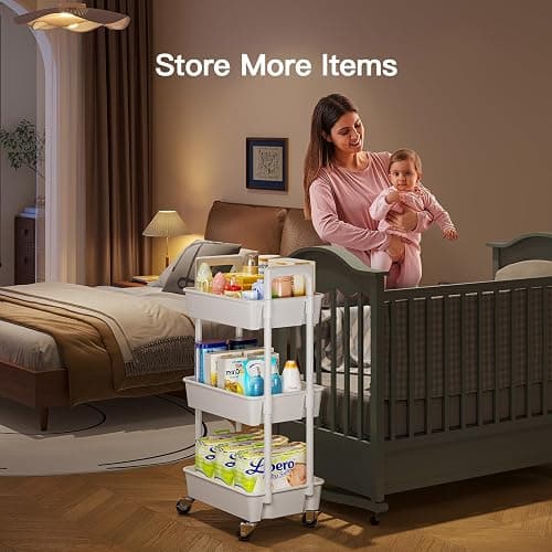 Pipishell 3 Tier Rolling Cart Organizer, Plastic Rolling Cart with Lockable Wheels & Reinforced Handle, Lightweight Utility Cart Storage Cart for Nursery, Kitchen, Bathroom, Craft Room, White, PIUC14W thumbnail 5