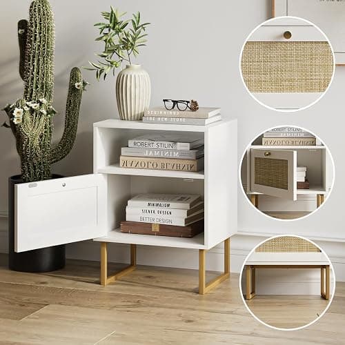Masupu Rattan Nightstand,Modern Boho Farmhouse Wood Bedside Table with Storage Drawer and Open Shelf,Small Gold Frame Side End Table for Bedroom,Living Room,Office(White) thumbnail 6