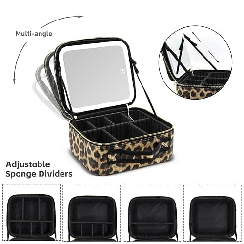 Jadazror Makeup Bag with Light Up Mirror, Lighted Travel Makeup Organizer 3 Colors Adjustable Brightness, Makeup Bag with Mirror and Light, Travel Train Case Portable Cosmetic Bag for Women(Leopard) thumbnail 5