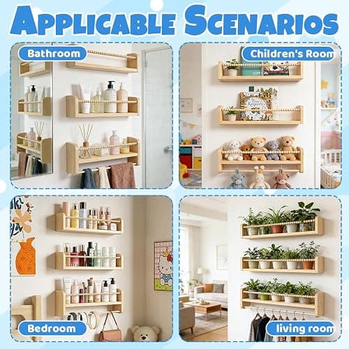 Nursery Shelves, ADDLIVE Floating Book Shelves, 40cm Kids Bookshelf, Wall Mounted Bookshelves Set of 3, Nursery Decor, Book Shelves for Wall With Hanging Rail for Kids Room, Bedroom, Bathroom and More thumbnail 7