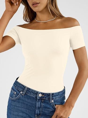 Trendy Queen Summer Off The Shoulder Tops for Women Going Out Short Sleeve Shirts Cute Y2K Sexy Basic Clothes 2026 Fashion thumbnail 2