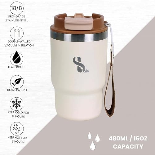 SimplyLivin Insulated Coffee Cup Travel Mug 480ml 16oz | Tumbler Flask with Straw & Spout Lid | Leakproof | 8H Hot 12H Cold | Reusable Coffee Cup | Stainless Steel Tumbler | Gift | Classic Beige thumbnail 7