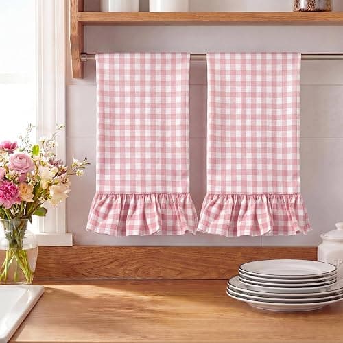 HunnmingRe Light Pink Kitchen Towels Set of 2, 100% Cotton Ruffled Gingham Dish Towels 18"x28" Absorbent Tea Cloths Classic Plaid Pattern for Farmhouse Charm, Drying Dishes, Entertaining Guests thumbnail 7