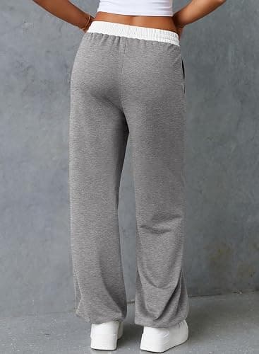 Herseas Women's Contrast Color Waistband Sweatpants Wide Leg Pants with Drawstring Buckle thumbnail 3