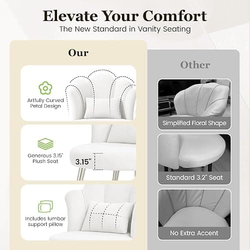 BestGlory Petal Makeup Vanity Chair with Back, Flower Chair Comfy No Wheels for Girls Women, Makeup Chair with Golden Metal Legs & Lumbar Pillow for Living Room/Makeup Room/Bedroom/Home Office - White thumbnail 3