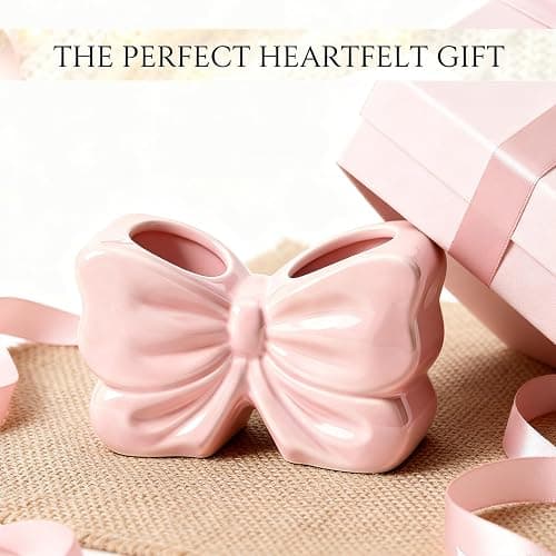 Bow Toothbrush Holder, 2-Slot Cute Bowtie Shaped Ceramic Bathroom Counter Organizer for Electric Toothbrushes, Toothpaste, Floss and Razors, Bathroom Decor Accessories, Pink thumbnail 7