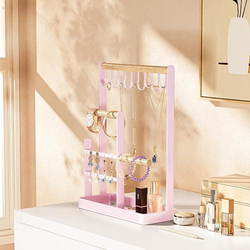 ProCase Jewelry Stand Holder Organizer, 4-Tier Necklace Holder with Ring Tray, 10 Hooks Necklaces Hanging Small Jewelry Display Storage Tower Tree for Bracelets Earrings Watches -Medium, Pink thumbnail 7