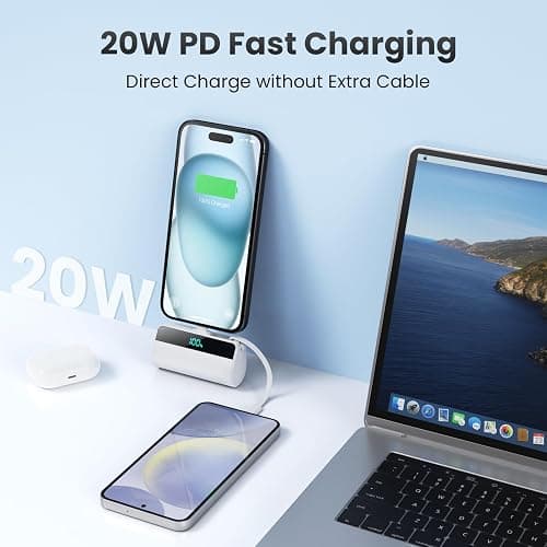 Mini Portable Charger for iPhone with Built in USB C Cable, 5500mAh Small Power Bank 20W PD Fast Charging, LCD Display Battery Pack for iPhone 17/16/15/14/13/12/11/X/8/6 Series Android Galaxy (White) thumbnail 4