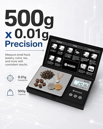 MAXUS Digital Pocket Gram Scale 500g x 0.01g High Precision with Tray | Weighs Small Food, Jewelry, Ounces, Grains, LCD Display, Tare Function thumbnail 3