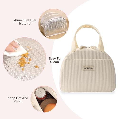 Baglemon Lunch Bag for Women Men Cute Corduroy Lunch Tote Bags Reusable Insulated Lunch Box Large Capacity Reusable Insulated Cooler for Work/Picnic/Travel (Corduroy Beige) - Corduroy Beige thumbnail 4