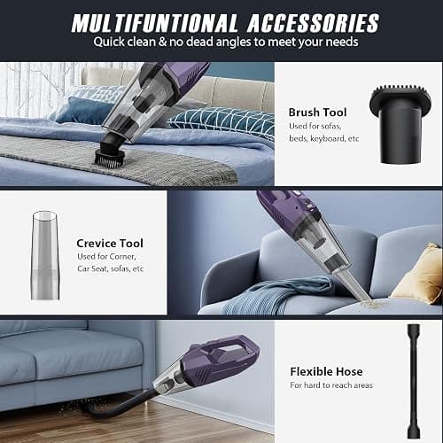 Handheld Vacuum Cordless - Car Vacuum Portable & Small Vacuum Cleaner with 6KPa Suction, USB Vacuum Cordless Rechargeable, HEPA Filter, LED Light for Pet Hair, Home, Car, Office - Includes Accessories thumbnail 4