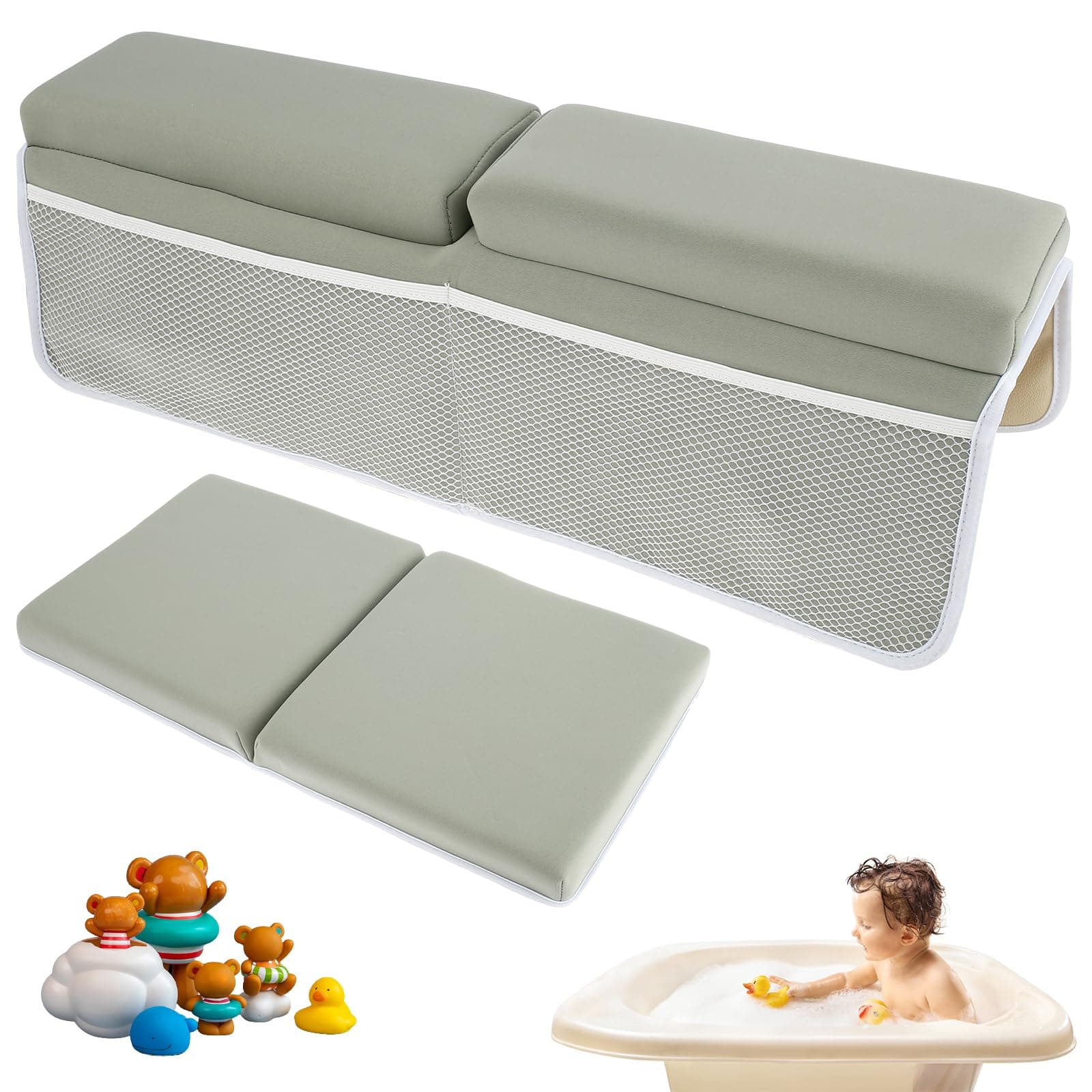 Baby Bath Kneeler and Elbow Rest Pad Set, Bath Kneeling Pad, Anti-Slip Baby Bath Support Mat with 4 Organizer Pockets, Foam Kneeling Bath Pad, Washable Bath Tub Elbow Pad for Toddler Bathroom - Image 1