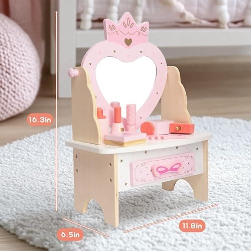 Wooden Vanity Set for Kids, Pretend Play Toddler Makeup Vanity Table Toys with 360° Rotatable Mirror, Beauty Salon Set Includes Makeup Accessories, Little Girls Gift Age 3+ (Pink) thumbnail 3