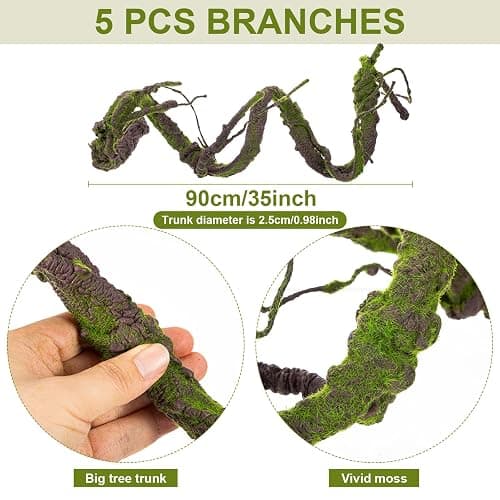 Suncalla 5 Pcs 30in Artificial Bendable Tree Branches for Decor, Moss | Fake Trunk Twigs with Leaves, Cherry Blossom Grape Vines, Halloween Steady Branch Garland, Wall Hanging Reptile Habitat Decor thumbnail 3